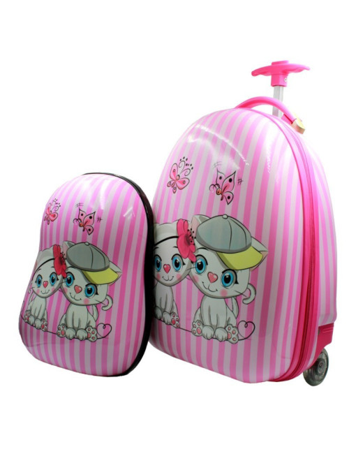 Walizka dziecięca podróżna na dwóch kółkach kauczukowych + plecak gratis - kotki na różowym tle